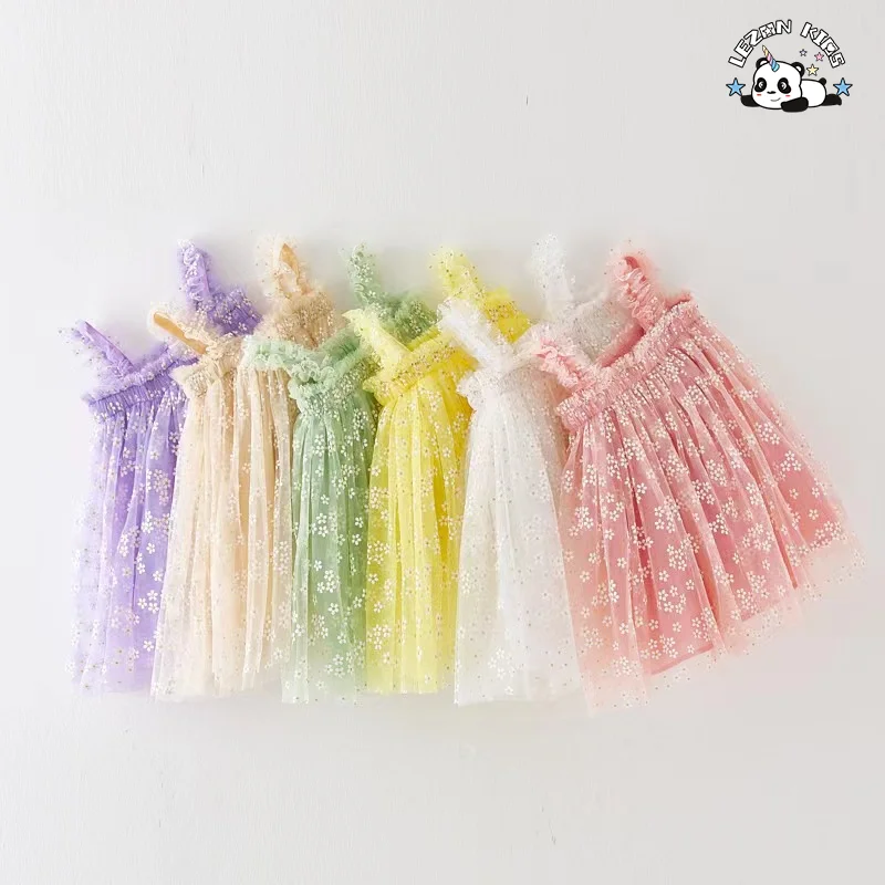 LEZONKIDS - Wholesale High Quality latest beautiful white flower printed with straps princess dress for girl